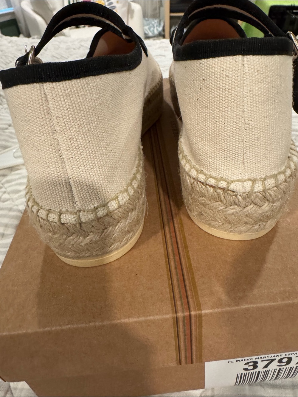 Maeve Cream Espadrille Mary Jane Flats with Black Trim - Picture 6 of 8